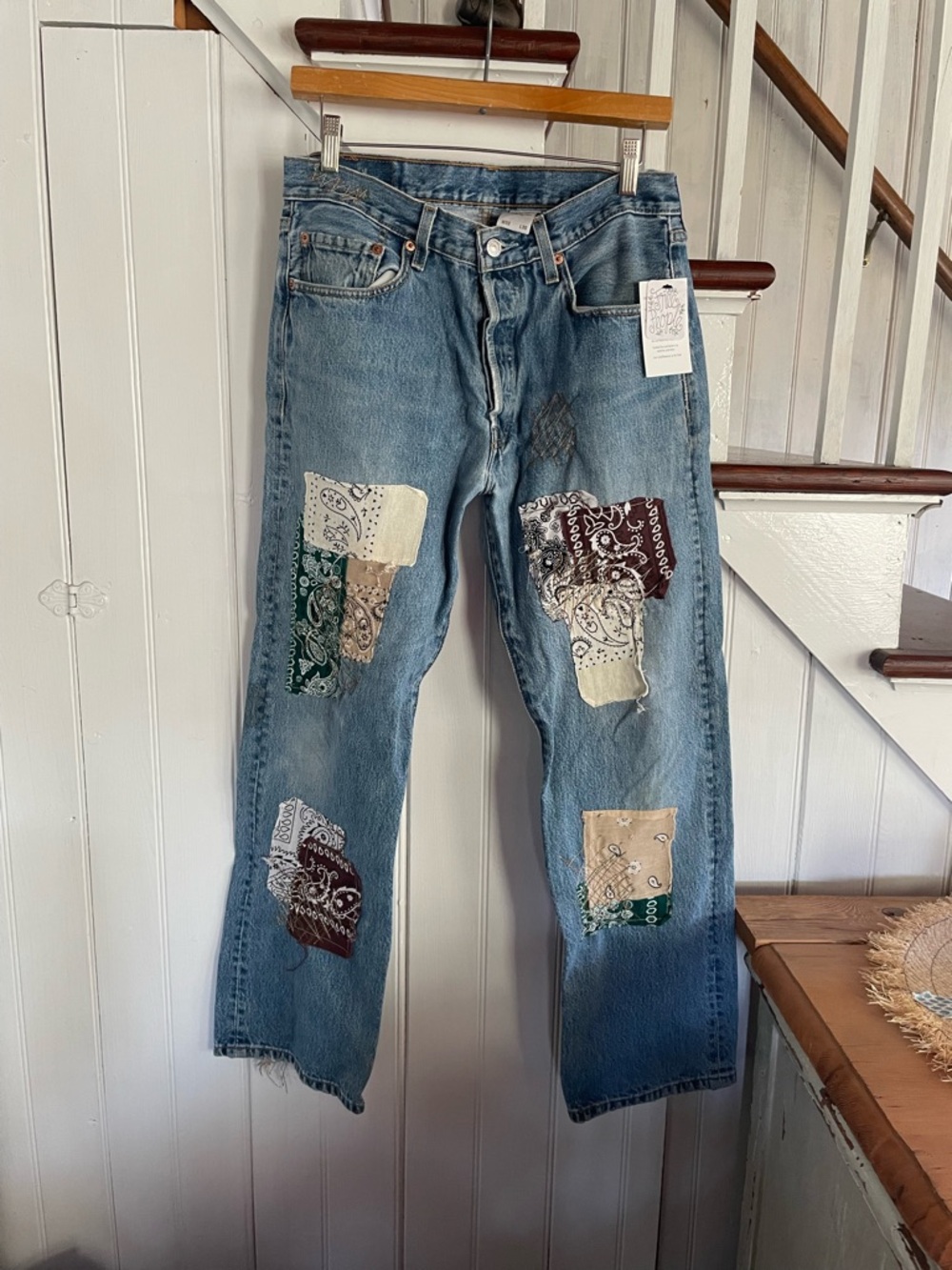 Rialto Levi Blue Denim Straight-Leg Jeans with Multicolor Bandana Patches
